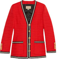 (Women) Gucci Red Single-Breasted Jacket with Colorblock Woven Stripes 761172-ZAO5D-6349 (Women) Gucci Red Single-Breasted Jacket with Colorblock Woven Stripes 761172-ZAO5D-6349