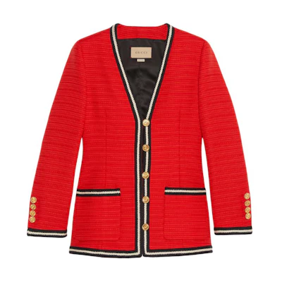 (Women) Gucci Red Single-Breasted Jacket with Colorblock Woven Stripes 761172-ZAO5D-6349