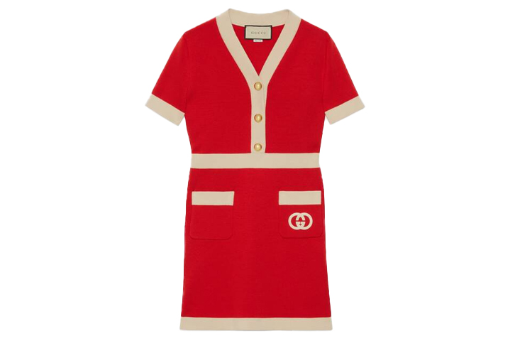 (Women) Gucci Red Stripe Logo V-Neck Button Casual Short Sleeve Dress 606017-XKA4A-6367