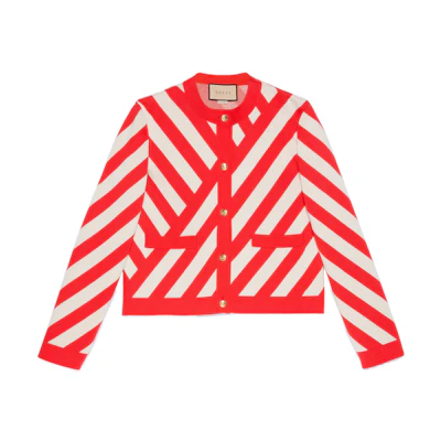 (Women) Gucci Red Striped Jacquard Knit Button-Up Sweater SS23 731047-XKCZH-6367
