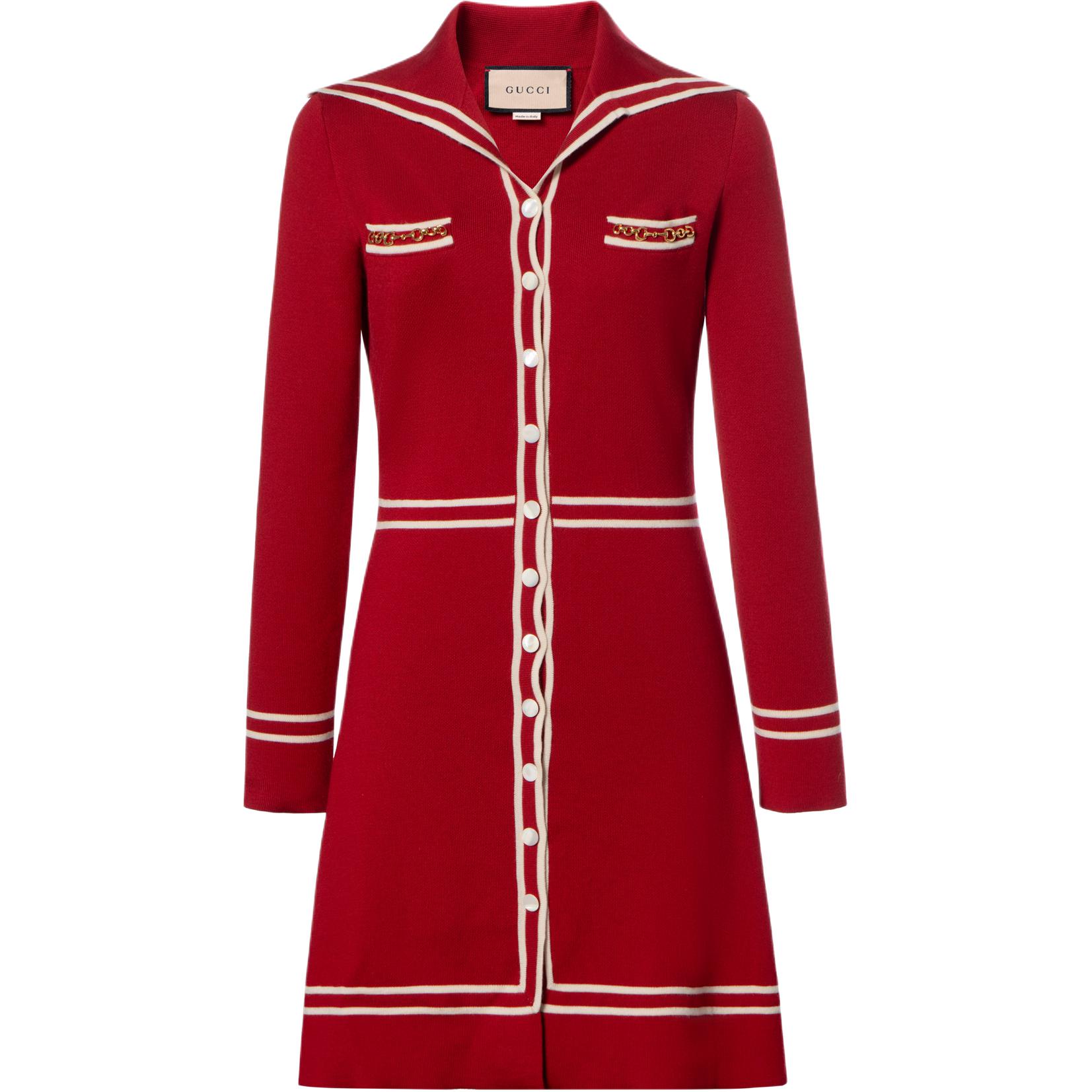 (Women) Gucci Red Wool Dress with White Striped Trim 644564-XKBNZ-6176