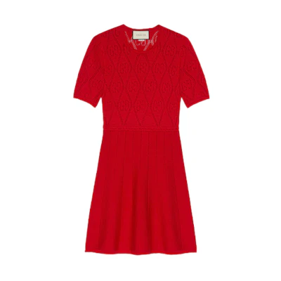 (Women) Gucci Red Wool Short Sleeve Cutout Dress 650399-XKBR0-6099