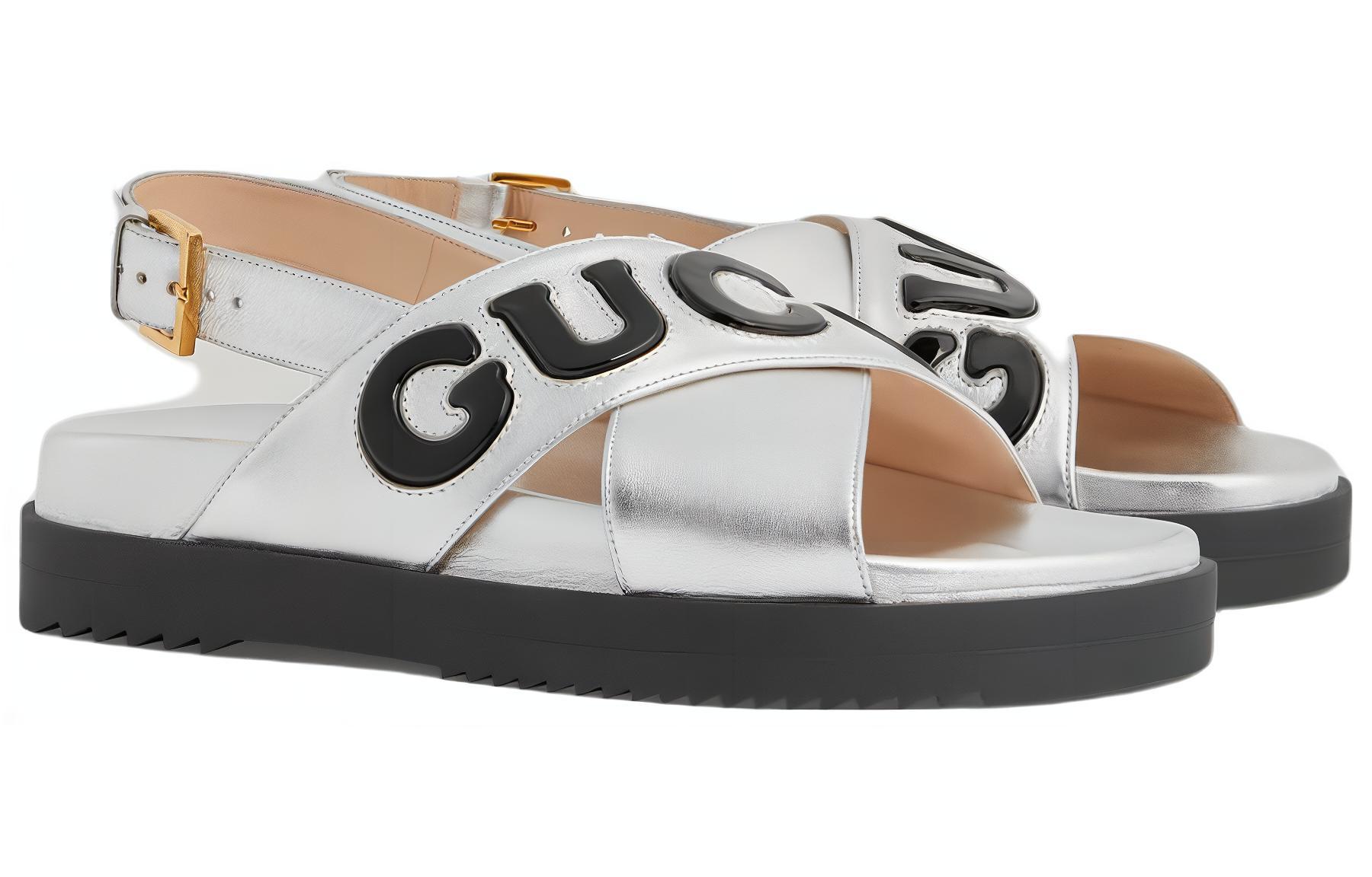 Order (W) Sandal Gucci dengan Logo Skrip 'Perak Hitam' 738691-AABYB-8149