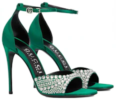 Lookbook (W) Gucci Satin Knöchelriemen Sandalen mit Kristallen ''Grün'' 749832-KND90-3120
