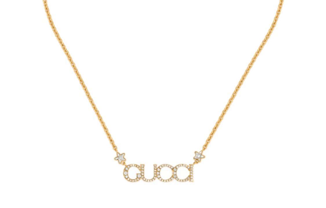 (Women) GUCCI Script Pendant Gold Crystal Necklace for Women. 774693J1D508031
