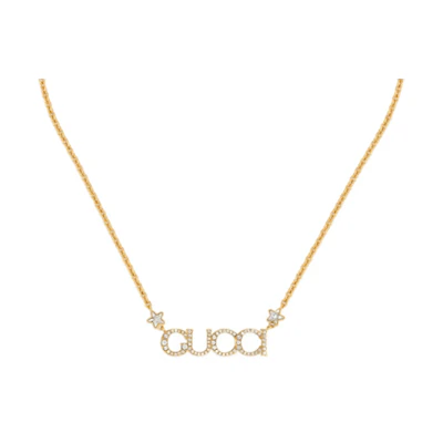 (Women) GUCCI Script Pendant Gold Crystal Necklace for Women. 774693J1D508031