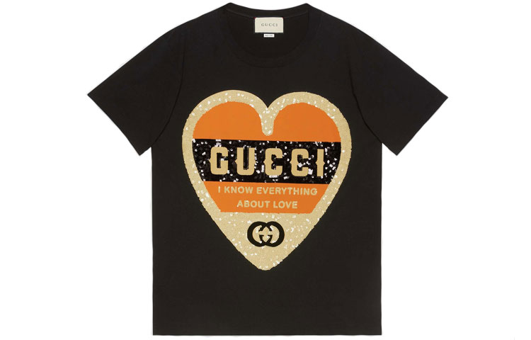 (Women) Gucci Sequin Heart Logo Short Sleeve T-Shirt Women’s Black 492347-XJB72-1082