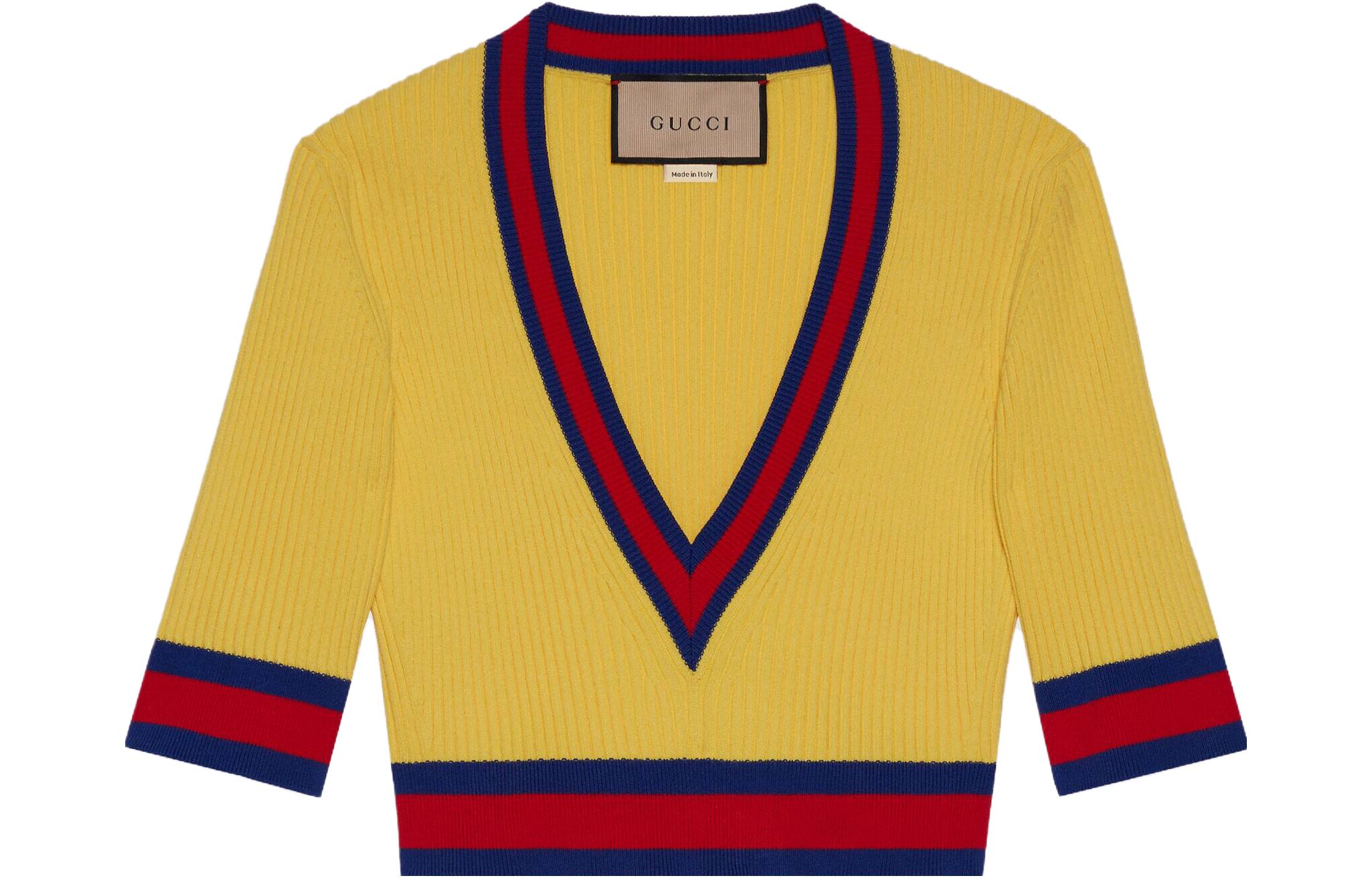 (Women) Gucci Short Sleeve Striped V-Neck Sweater Yellow SS23 Pre-Fall 2023 756271-XKC7I-7549