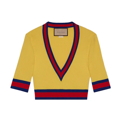 (Women) Gucci Short Sleeve Striped V-Neck Sweater Yellow SS23 Pre-Fall 2023 756271-XKC7I-7549