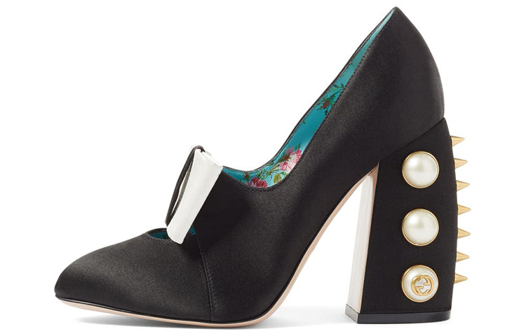 (Women) Gucci Silk Satin Pearl Studded Luna Bow Pumps 36 'Black Gold' 465985-F1430-1068