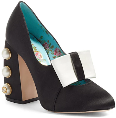 (W) Gucci Scarpe Tacco Satin Nero Oro con Fiocco e Perle Donna Taglia 36 465985-F1430-1068 Lookbook (W) Gucci Scarpe Tacco Satin Nero Oro con Fiocco e Perle Donna Taglia 36 465985-F1430-1068