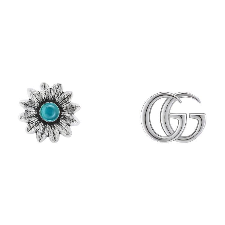 (Women) GUCCI Silver Studded Double G Floral Earrings for Women (Vintage Look) 527344-I5569-8183