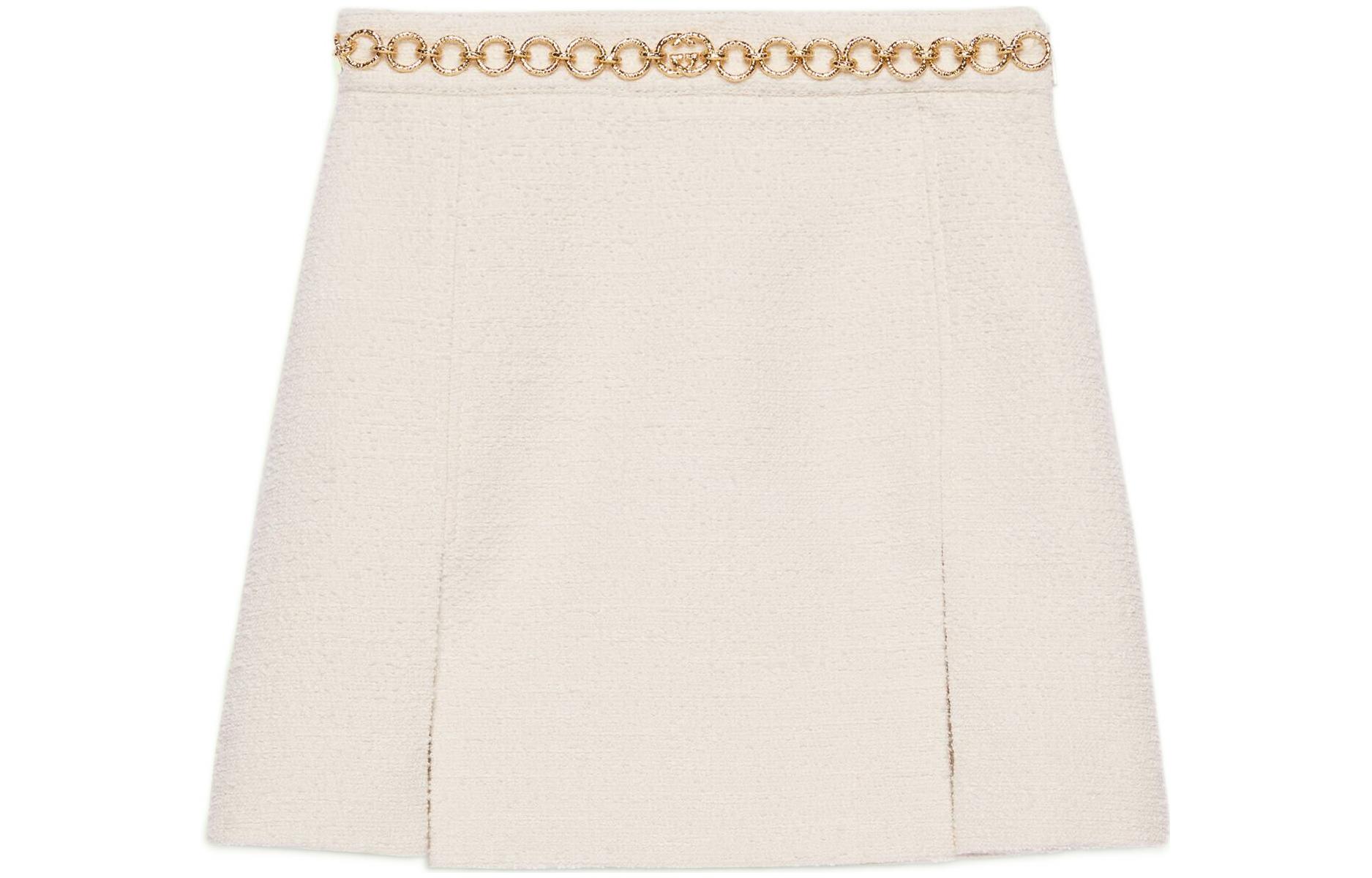 (Women) Gucci Solid-Color Chain Accent Mini Skirt Women Ivory White 690728-ZAIMW-9045