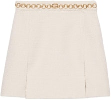 (Women) Gucci Solid-Color Chain Accent Mini Skirt Women Ivory White 690728-ZAIMW-9045 (Women) Gucci Solid-Color Chain Accent Mini Skirt Women Ivory White 690728-ZAIMW-9045