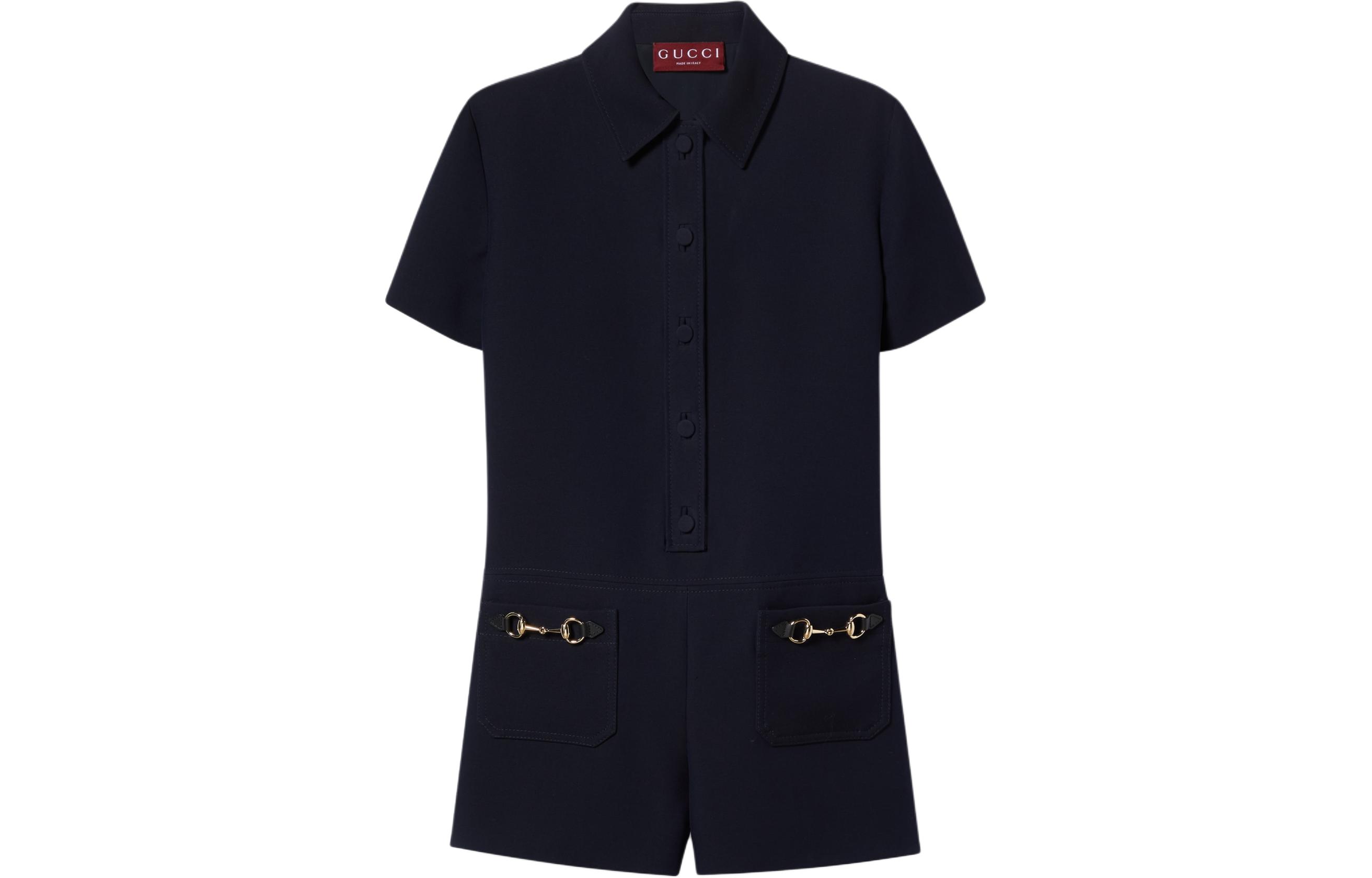 (Women) Gucci Solid Button-Up Jumpsuit with Pointed Collar, Dark Blue 781457-Z8BRY-4330