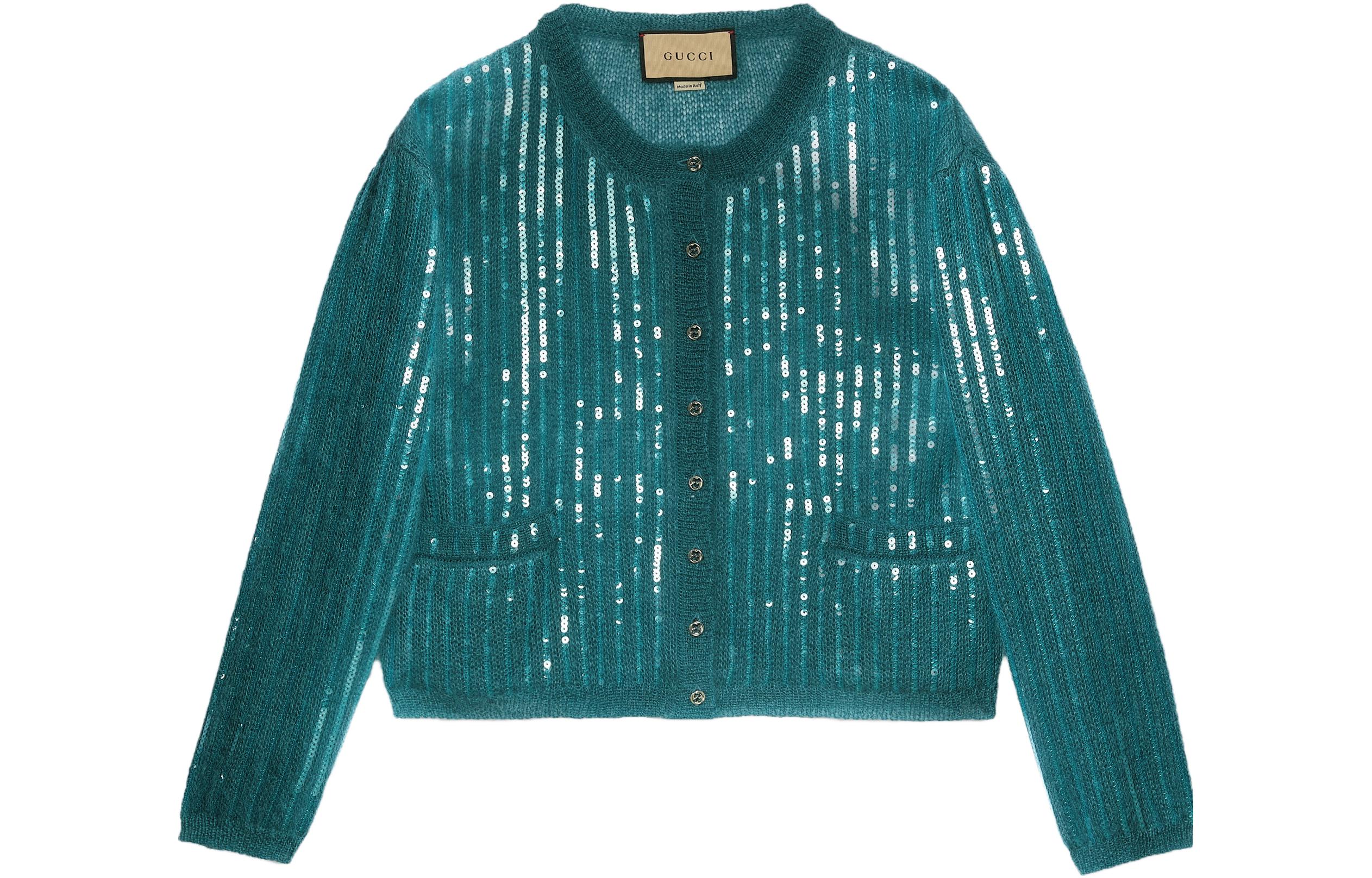 (Women) Gucci Solid Sequin Knit Cardigan Teal 764583-XKDMO-3601