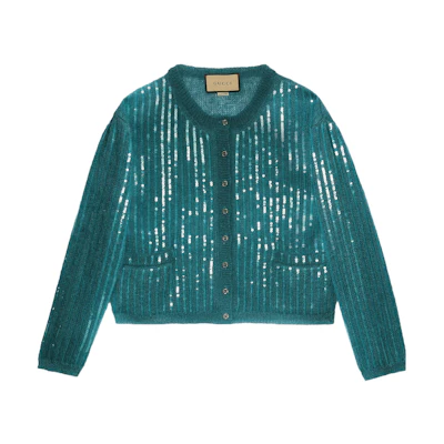 (Women) Gucci Solid Sequin Knit Cardigan Teal 764583-XKDMO-3601