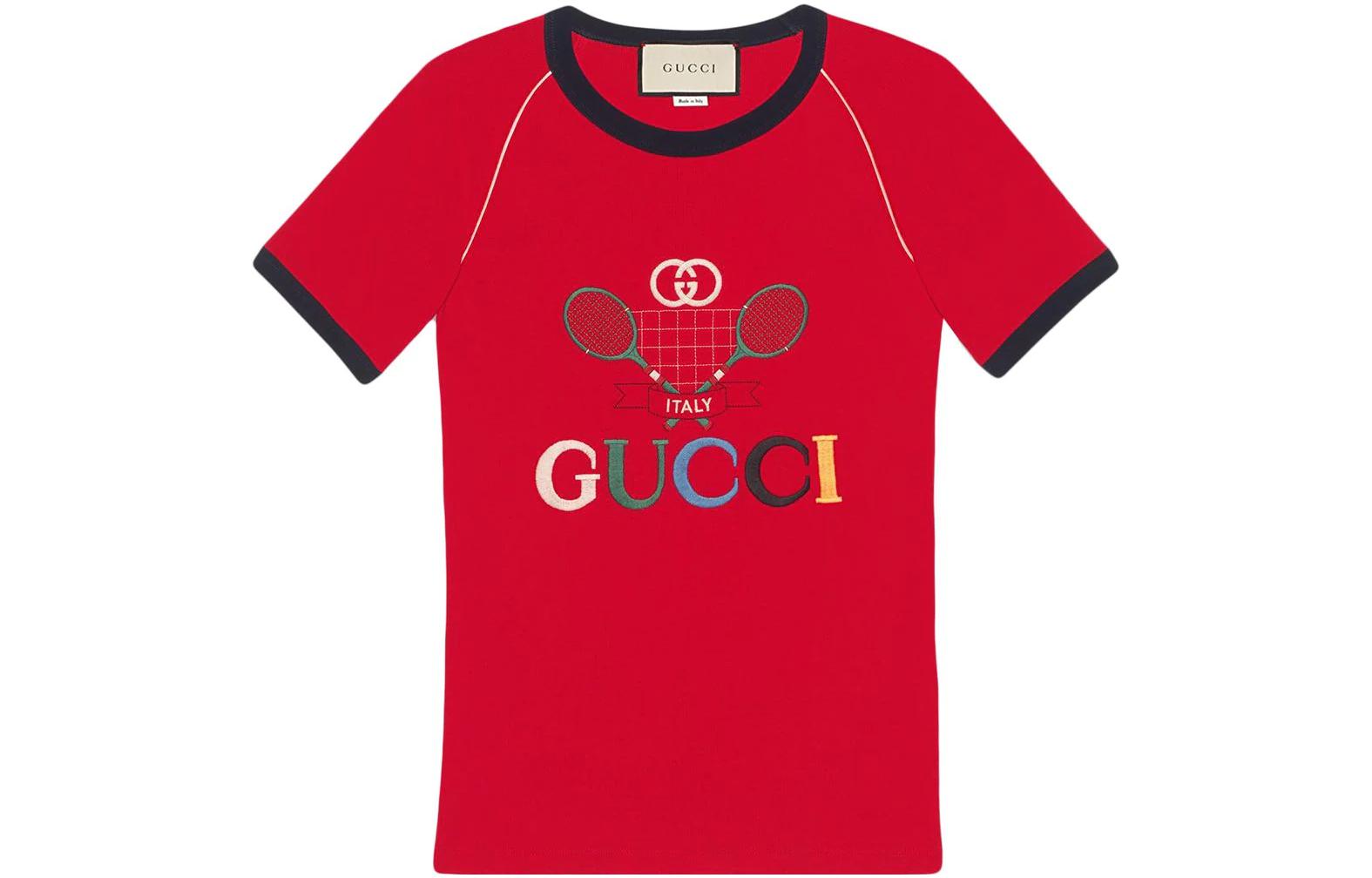 (Women) Gucci SS19 Red Raglan Sleeve T-shirt with Logo Tennis Pattern 574386-XJA8Y-6527