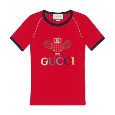 (Women) Gucci SS19 Red Raglan Sleeve T-shirt with Logo Tennis Pattern 574386-XJA8Y-6527