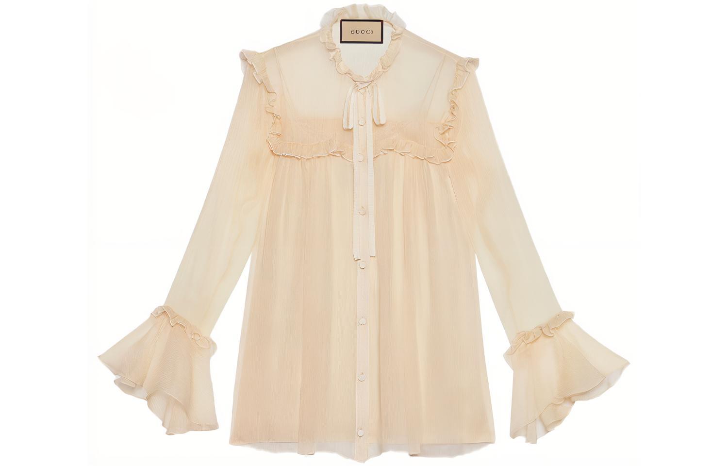 (Women) Gucci SS21 Beige Ruffle Long Sleeve Sunscreen Chiffon Blouse 657801-ZHS78-9205