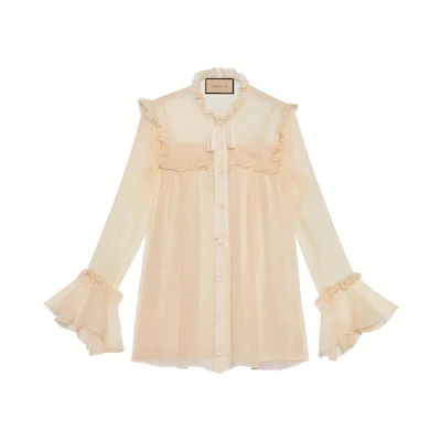 (Women) Gucci SS21 Beige Ruffle Long Sleeve Sunscreen Chiffon Blouse 657801-ZHS78-9205