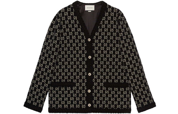 (Women) Gucci SS21 Black Wool Cardigan with Logo Jacquard Knit Sweater 644570-XKBN1-1080
