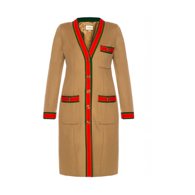 (Women) Gucci SS21 Light Brown Wool Coat with Striped Knit Trim 518064-ZHW03-2553