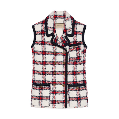 (Women) Gucci SS21 Multicolor Logo Contrasting Plaid Pocket Vest 652040-ZAGLK-9098
