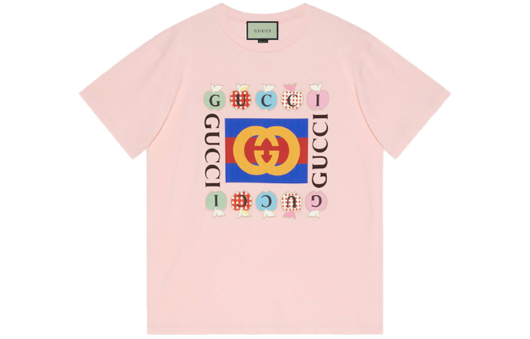 (Women) Gucci SS21 Pink Crewneck T-Shirt with Heart Apple Graphic 615044-XJDOH-7989