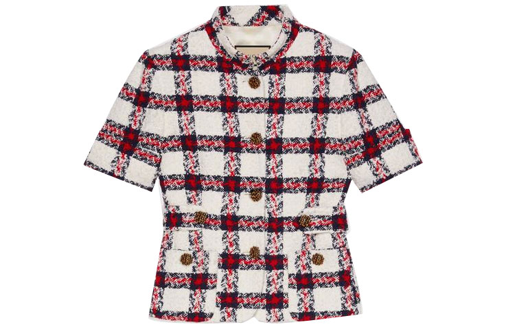 (Women) Gucci SS21 Red Check Tweed Short Sleeve Jacket 657056-ZAGLK-9098