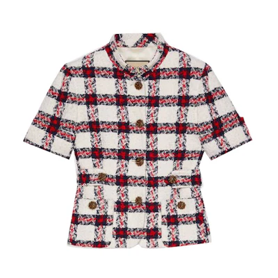 (Women) Gucci SS21 Red Check Tweed Short Sleeve Jacket 657056-ZAGLK-9098