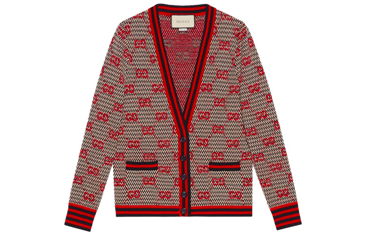 (Women) Gucci SS21 Red Logo Jacquard V-Neck Cardigan Sweater 644779-XKBOR-9744
