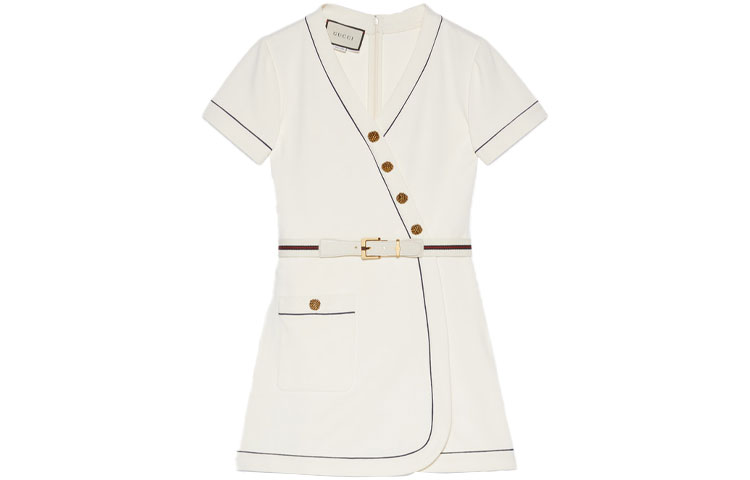 (Women) Gucci SS21 Trimmed Knit A-Line Short Sleeve Dress Off-White 653408-XJDE4-9133