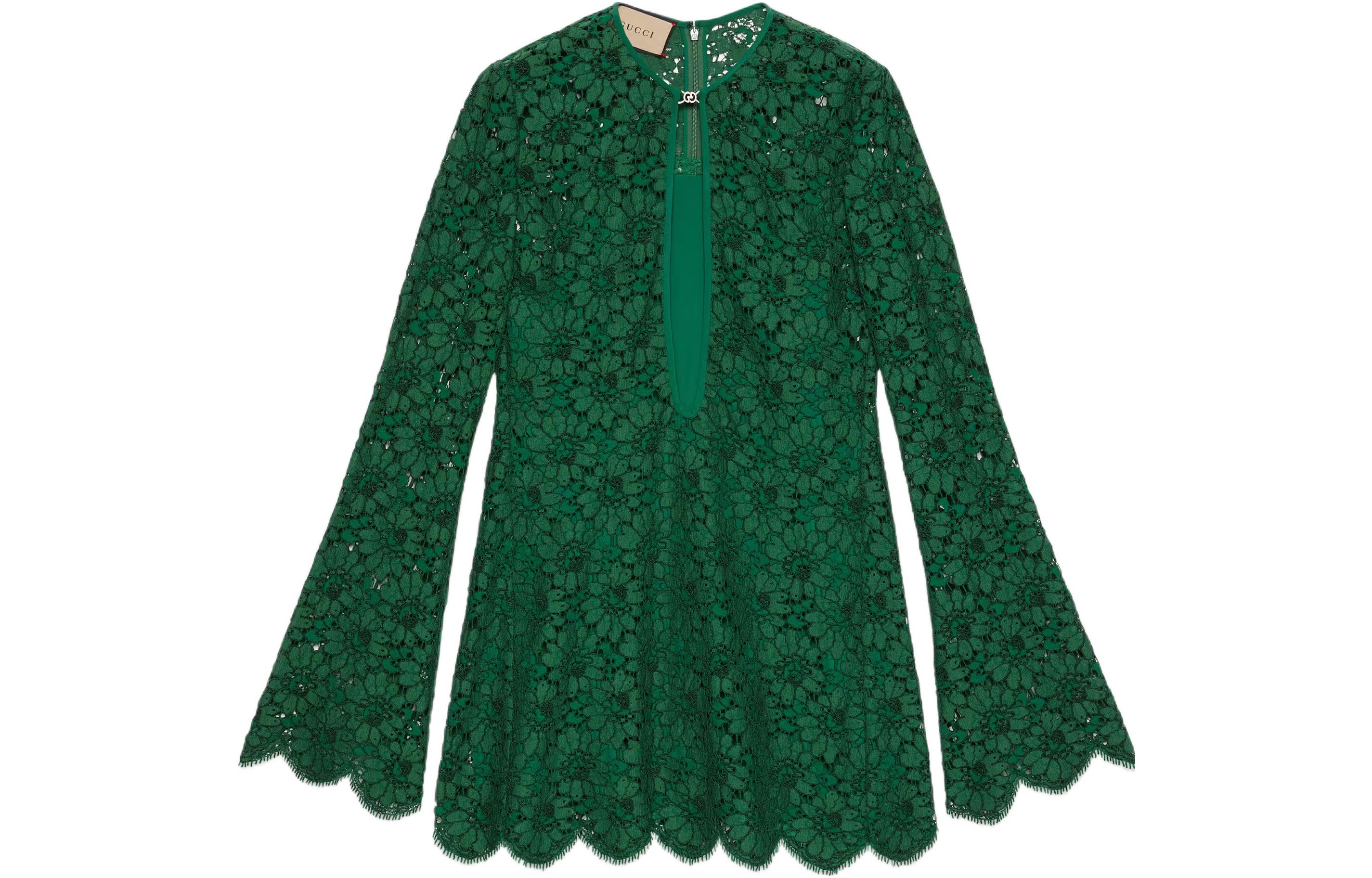 (Women) GUCCI SS22  Green Floral Lace Long Sleeve Zip-Up Dress. 685922-ZJT76-3105
