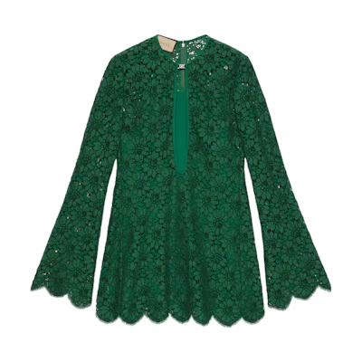 (Women) GUCCI SS22 Green Floral Lace Long Sleeve Zip-Up Dress. 685922-ZJT76-3105