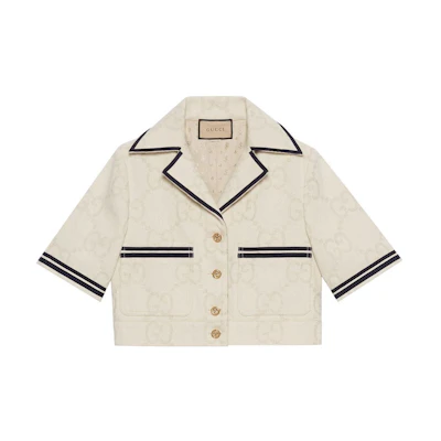 (Women) GUCCI SS22 Ivory Short Jacket with GG Pattern and Stripes. 691840-XDBX2-9207