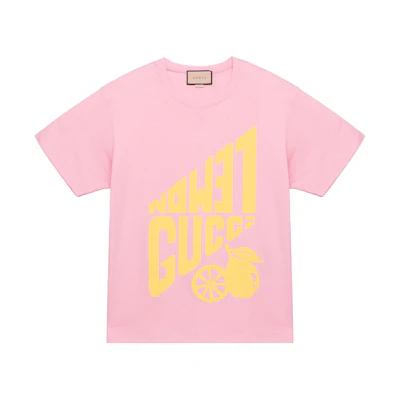 (Women) Gucci SS22 "Lemon" Print Logo Pink Cotton Short Sleeve T-Shirt () 615044-XJD08-5673