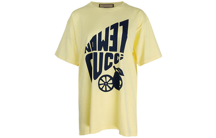 (Women) GUCCI SS22  Yellow Loose Fit Logo Print Short-Sleeve T-Shirt. 616036-XJDWF-7462