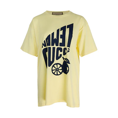 (Women) GUCCI SS22 Yellow Loose Fit Logo Print Short-Sleeve T-Shirt. 616036-XJDWF-7462