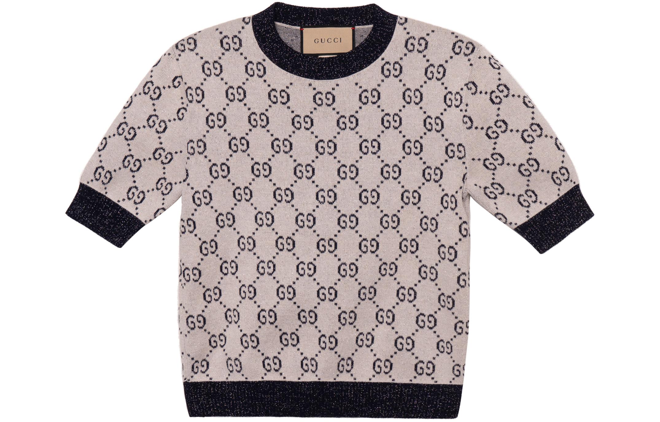 (Women) Gucci SS22 Aria Collection Logo Metallic Jacquard Knit Tee Grey 692717-XKB54-9071