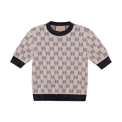 (Women) Gucci SS22 Aria Collection Logo Metallic Jacquard Knit Tee Grey 692717-XKB54-9071