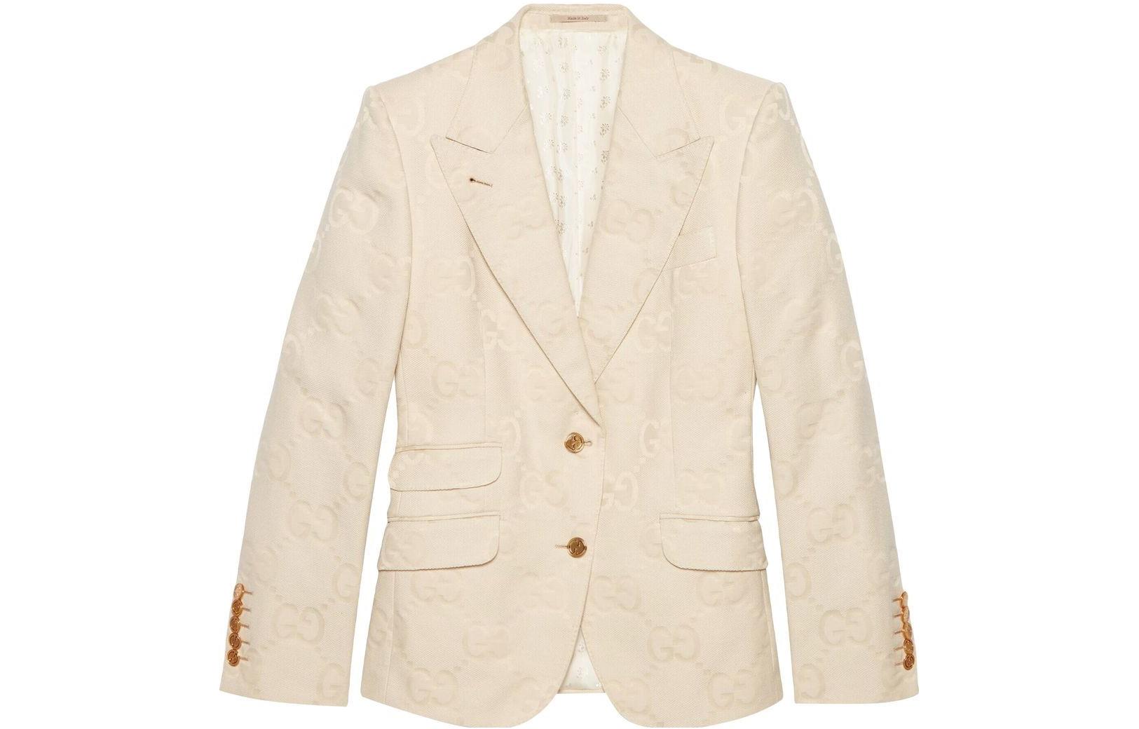 (Women) Gucci SS22 Beige Single Button Blazer with Embossed Logo 691268-ZAHT6-9032