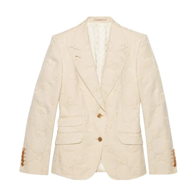 (Women) Gucci SS22 Beige Single Button Blazer with Embossed Logo 691268-ZAHT6-9032