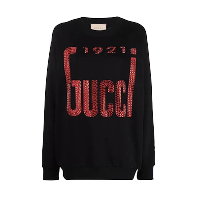 (Women) Gucci SS22 Black Crystal Logo Crewneck Long-Sleeve Sweatshirt 617964XJD3I-1043