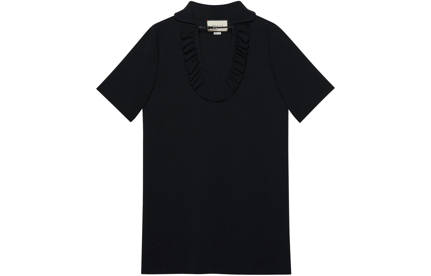 (Women) Gucci SS22 Black Ruffled Trim Straight Short Sleeve Dress 623506-XKBDI-1000