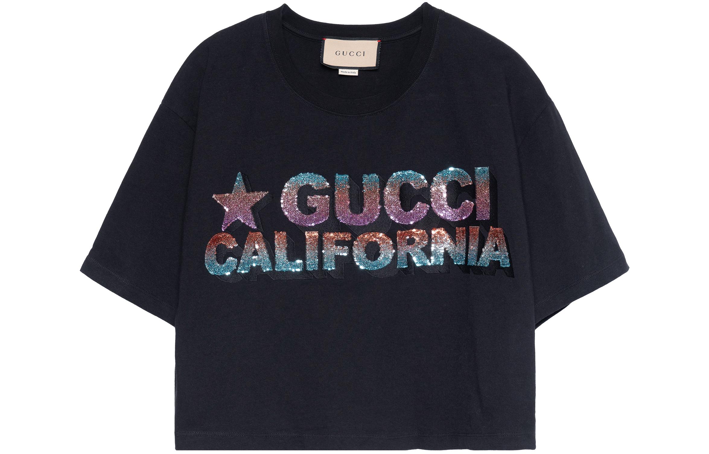 (Women) Gucci SS22 Black Sequin Logo Cropped Loose-fit T-Shirt 691843-XJEN6-1043