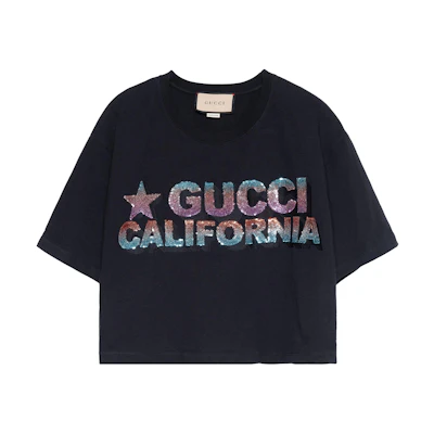 (Women) Gucci SS22 Black Sequin Logo Cropped Loose-fit T-Shirt 691843-XJEN6-1043