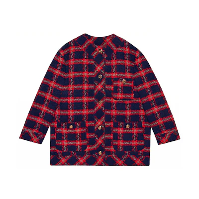 (Women) Gucci SS22 Blue & Red Checkered Tweed Button Jacket 674336-ZAGLK-4956