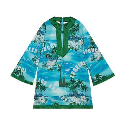 (Women) Gucci SS22 Blue Letter Ocean Print Cotton Long Sleeve Dress 703949-ZAJVY-4761
