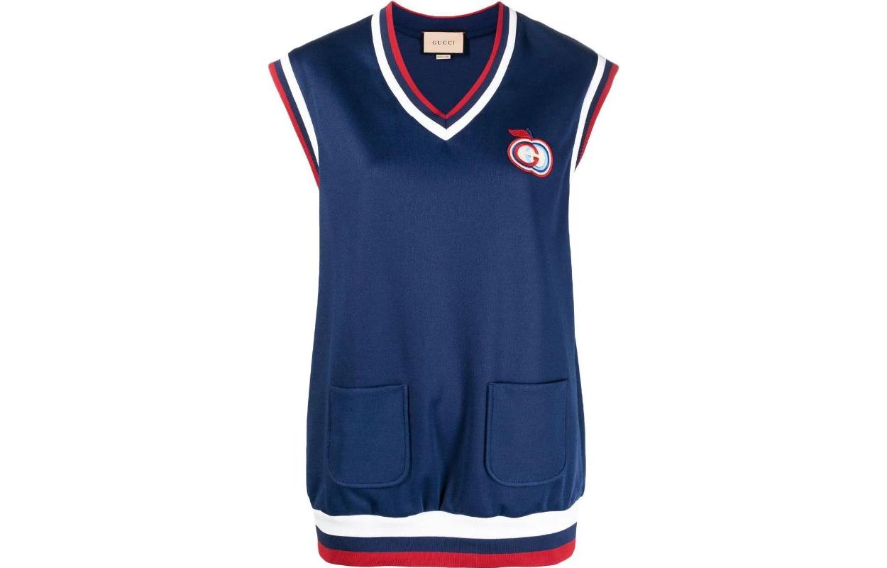 (Women) Gucci SS22 Blue Tank Top with Embroidered Logo and Contrast Stripes 666657-XJDQB-4086